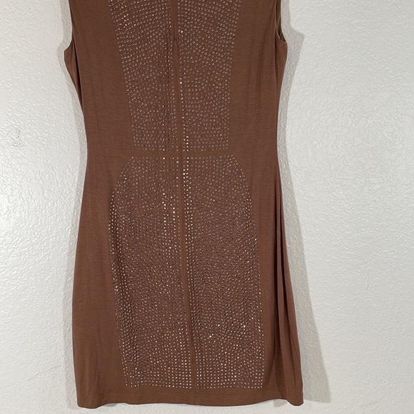 ESLEY Brown Sleeveless Mini Dress Studs Detailing Down The Front & Back Medium - Picture 6 of 8